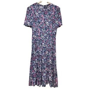 Vintage Jessica Petite Ditsy Floral Midi Dress Purple Pink Smocked Back Cottage
